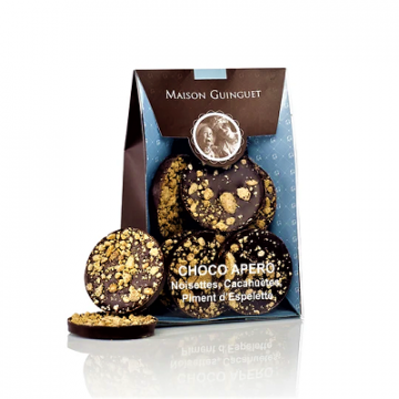 LITTLE CHOCOLATE DISCS: 70% CACAO DARK CHOCOLATE WITH SALTED PEANUTS, CANDIED HAZELNUTS AND ESPELETTE PEPPER (100 G)