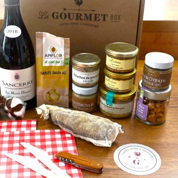 Cesta Gourmet francesa Super Aperitivos con vino blanco Grand Cru